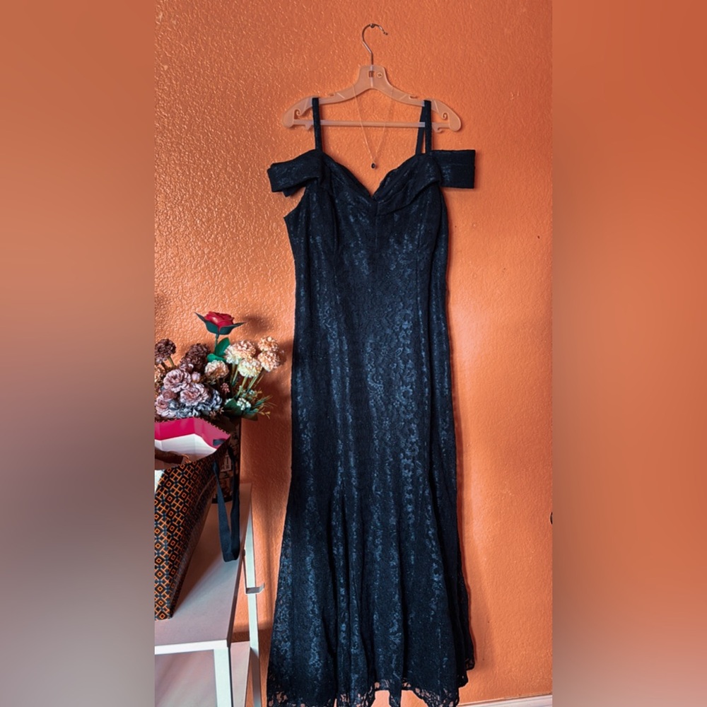 R & M Richard’s off the shoulder lace gown in Navy